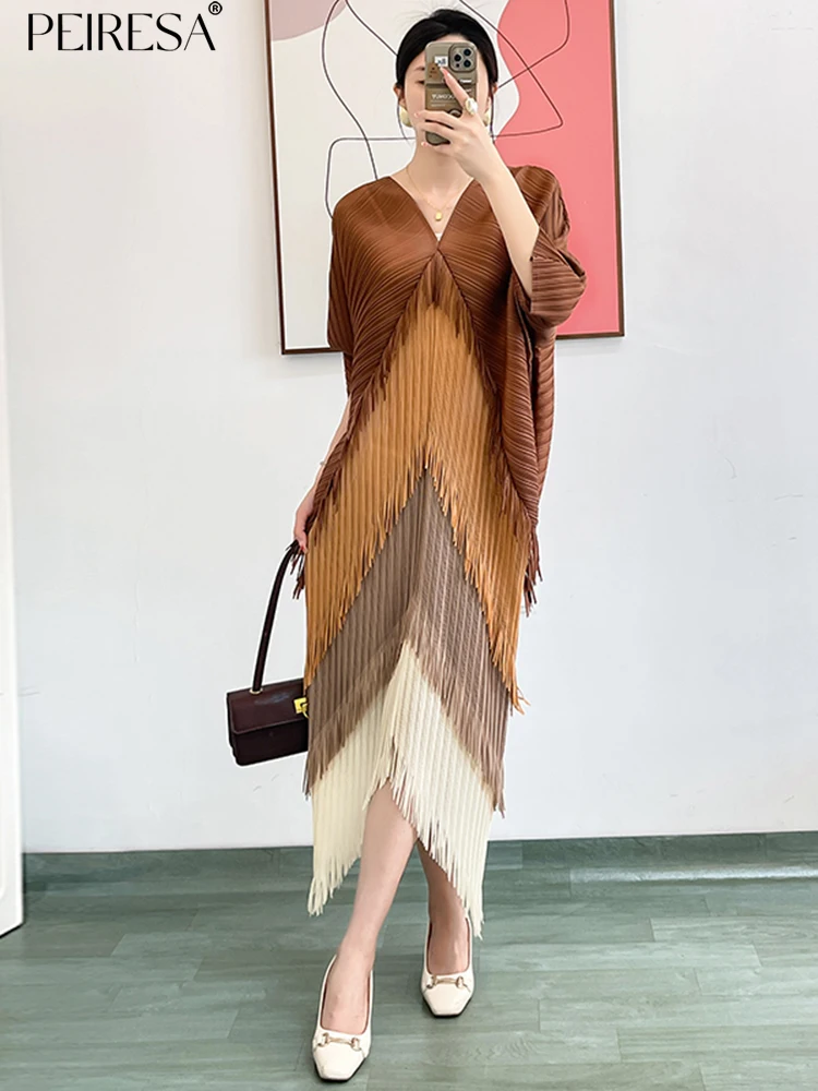

Женское плиссированное платье PEIRESA Miyake с градиентом и кисточками, летнее Свободное длинное платье с V-образным вырезом и рукавом летучая мышь, новинка 2023