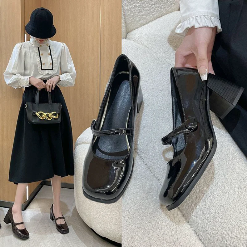 

Shoes for Women 2023 on Heeled Ladies Summer Footwear Square Toe High Heels Gothic Black Japanese Style Lolita Pumps Mary Jane E
