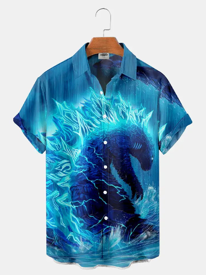 Men's classic sea monster printed shirt summer cool street men's and women's couples style shirt single button lapel short shirt