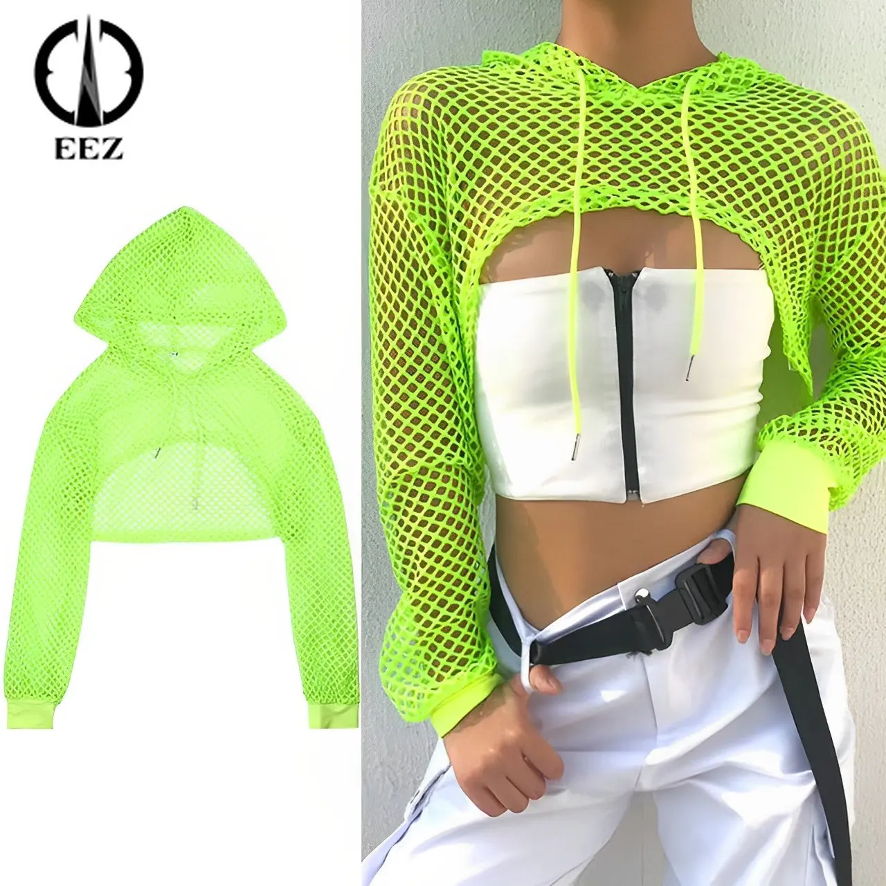 

Mesh Fishnet Hooded T-shirts Streetwear Neon Green See Through Drawstring Sweatshirt Summer Women Long Sleeve Sexy Crop Top Y2k
