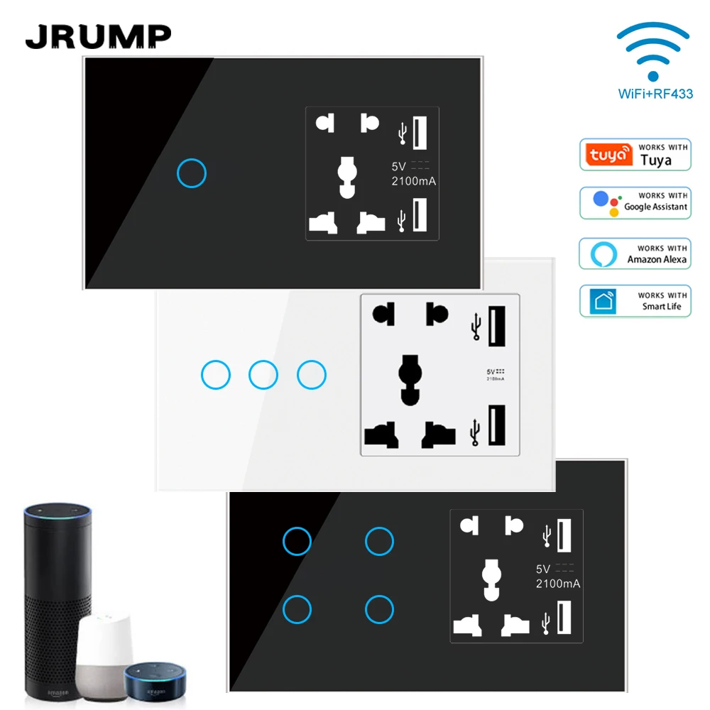 Умный сенсорный выключатель JRUMP с Wi-Fi или Zigbee, переключатель с голосовым управлением, с умным питанием от Великобритании и 2 USB-разъемами с 5 отверстиями, работает с Alexa Echo
