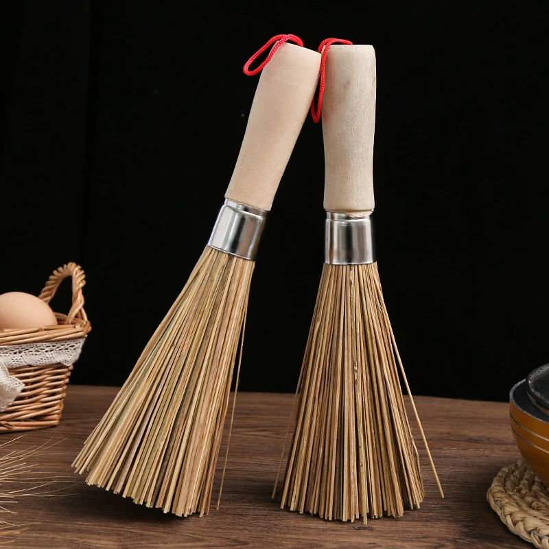 Cepillo de limpieza de ollas de bambú, cepillo para fregar platos con mango de madera para el hogar, cocina, lavado, sartén de hierro fundido, ollas de mano