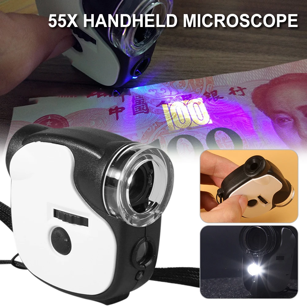

55X Handheld Magnifier Zoom Microscope with LED Light UV Light Mini Pocket Jewelry Loupe Jade Outdoor Travel Camping Accessories