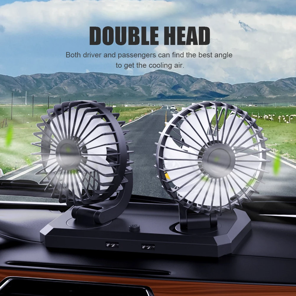 

24V/12V Car Fan Summer Cooling Adjustable Double-head Fan 360 Degree Low Noise USB Car Cooler Air Fan Strong Wind Accessories