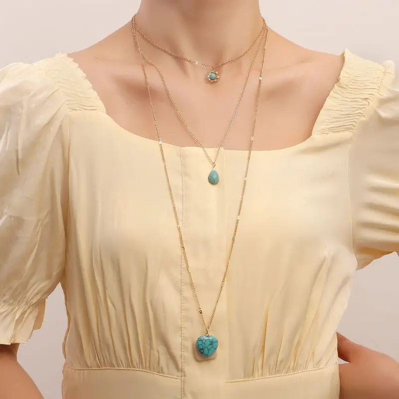 Многослойные Длинные ожерелья с бирюзовыми подвесками сердцем этнические