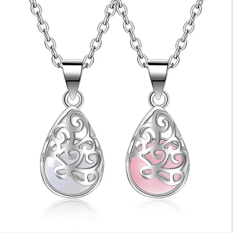

New Fashion Silver Plated Pendant Pink And White Moonstone Stone Opal Pendant Hollow Design Love Trevi Fountain Women Jewelry
