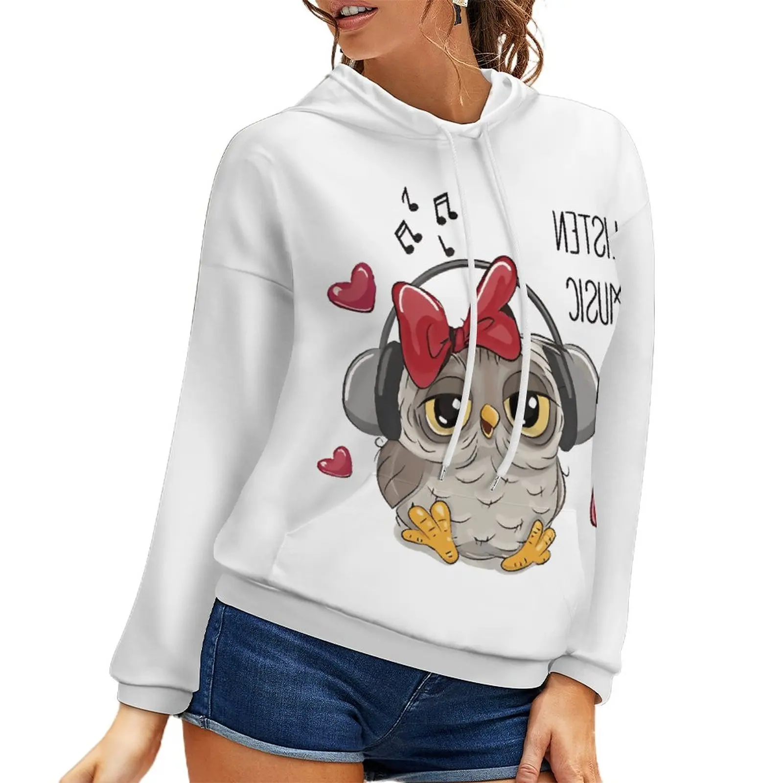 

Женский свитер в стиле Харадзюку, уличный свитер с забавным принтом совы, свитер с капюшоном и длинными рукавами, весна-осень