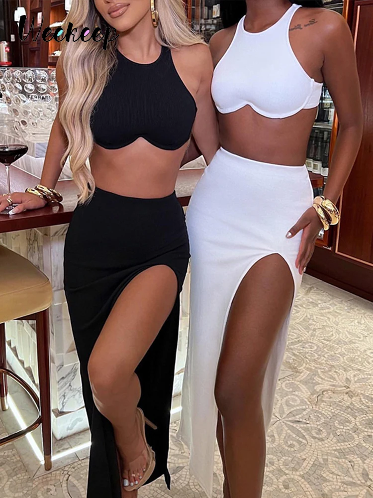 

Weekeep/элегантная длинная юбка, комплект из двух предметов, вязаный корсет без рукавов, топ с высокой талией и разрезом, сексуальная юбка макси...