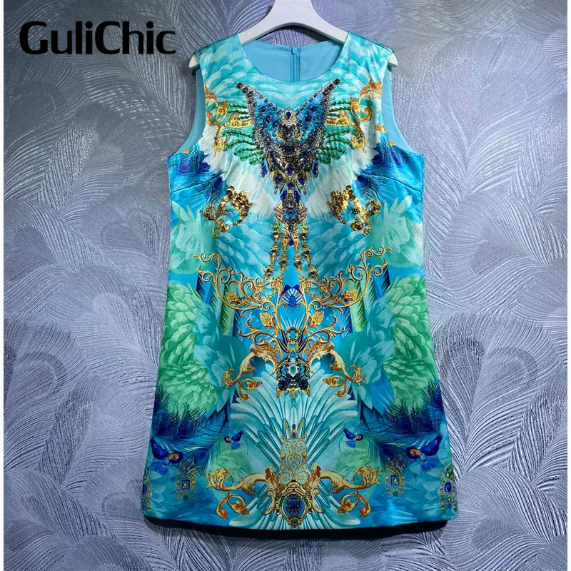 

5.19 GuliChic Women Luxury Crystal Sequins Beading Design Chic Feathers Print Elegant Slim Tank Dress