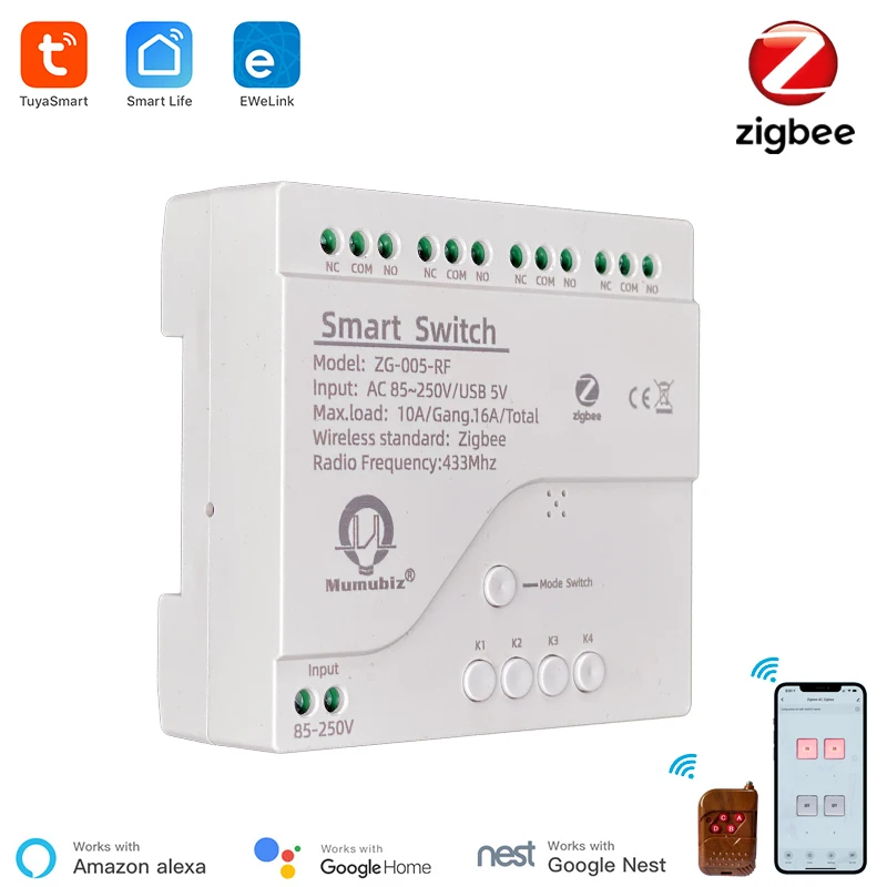 Tuya Smart Inching Zigbee 220V Switch 4 Channel With Ding Rail Housing Works with Alexa Life eWelink APP Remote Control - купить по