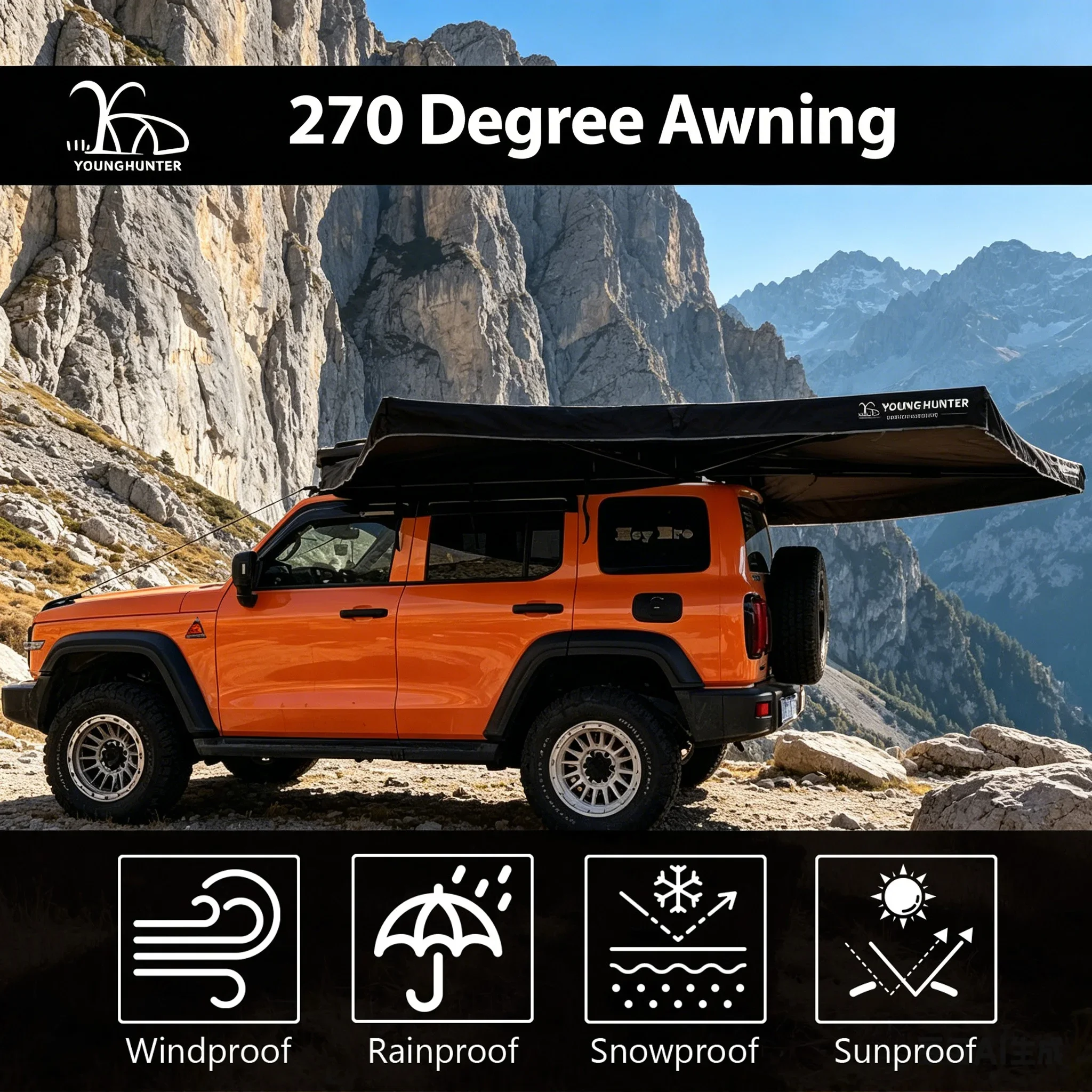 Фото Палатка-тент YOUNGHUNTER 4WD Foxwing 270 градусов с отдельно стоящим вентилятором для автопутешествий и приключений №5