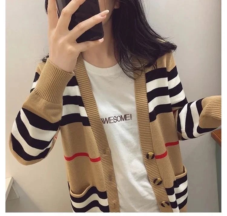 Полосатый кардиган для женщин 2024 Ropa De Mujer корейские модные трикотажные изделия