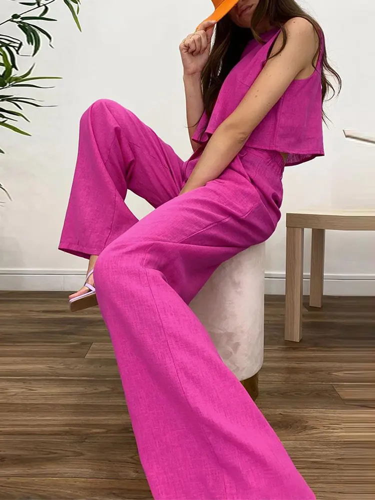 Two Piece Set Woman Cotton Linen Trouser Women's Suits Summer Round Neck Solid Sleeveless Crop Tops Casual Wide Leg Pants Simple