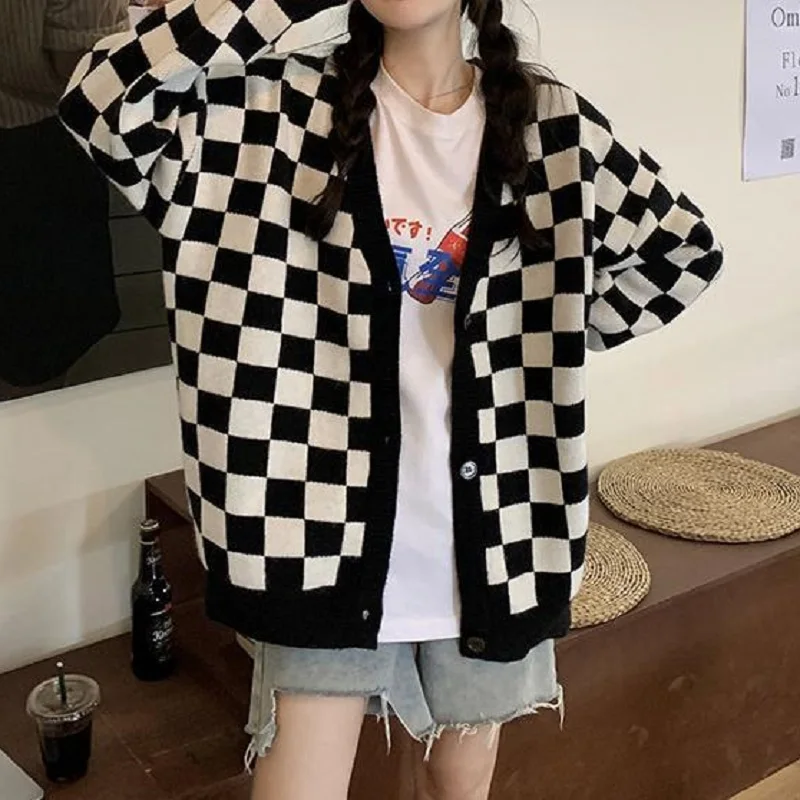 

Deeptown Korean Style Oversize Plaid Cardigan Sweater Women Vintage Checkerboard Knit Jacket Fashion Long Sleeve Jumper Female
