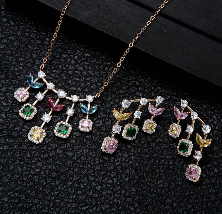 

Europe stylish zircon olive branch stud earrings ring necklace set for women color zircon summer luxurious banquet dinner jewelr