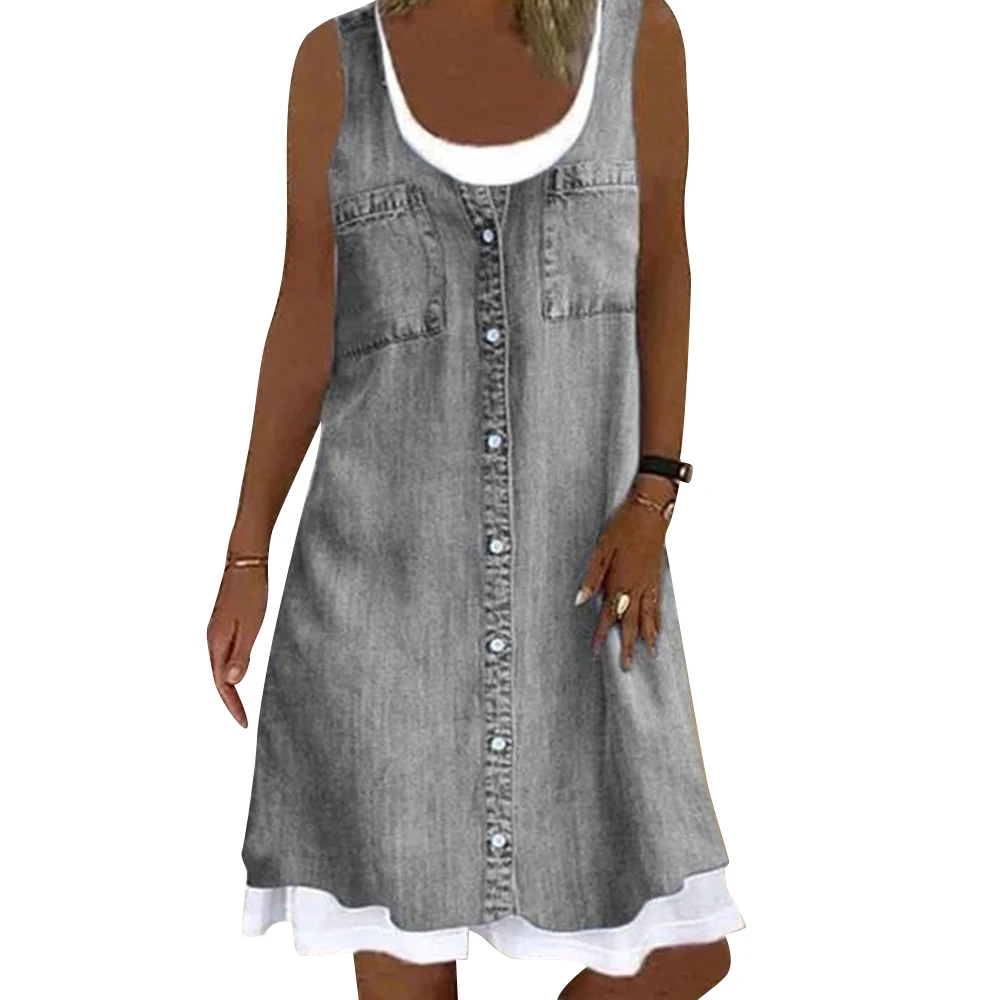 

Denim Tank Dress Women Fake 2 Piece Women Dresses Vintage Knee-Length Summer Sundress Casual Dress Loose Vestido Feminino