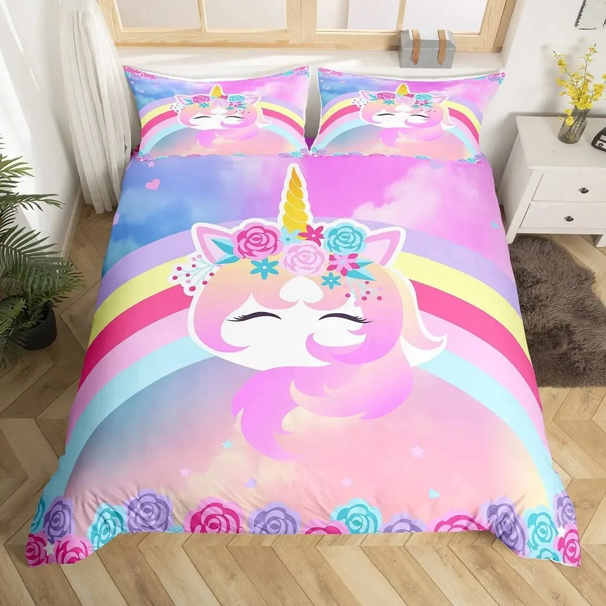 Rainbow Unicorn Duvet Cover Cute Dreamy Horse Comforter Cartoon Little Bedding Set Twin For Girl Teen Kawaii Gifts