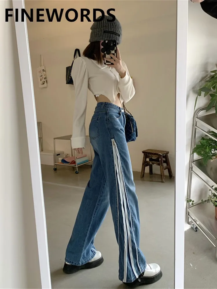 

FINEWORDS Vintage Side Double Zipper Straight Jeans Women Korean Casual High Waist Wide Leg Mom Jeans Streetwear Denim Pants