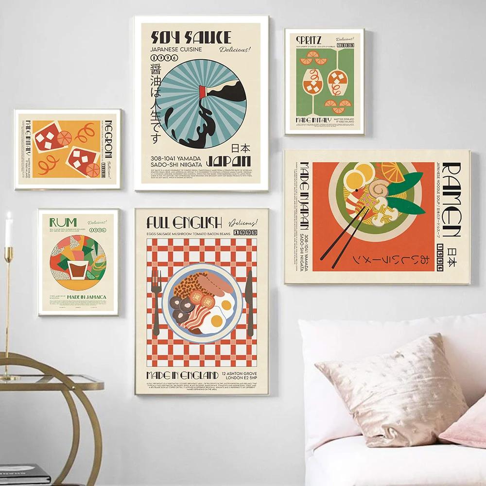 

Modern Kitchen Decor Japanese Korean Foods Posters Drinks Rum Ramen Cartoon Canvas Painting Retro Bar Wall Art Print Pictures