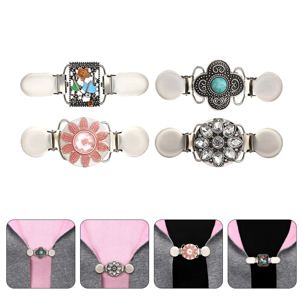 

4pcs Retro Sweater Collar Brooch Clip Antique Flowers Pattern Shawl Clips