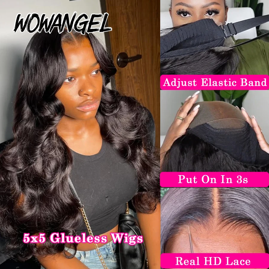 WOWANGEL 34in 5x5 HD Парики с кружевной застежкой 250% Объемная волна Бесклеевые парики