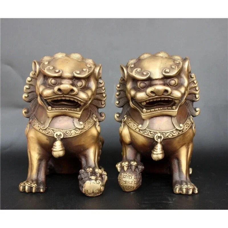 Фото Антикварная бронзовая статуя льва Fu Foo Dog, Китай, старые архаичные левы, пара 11 см №3
