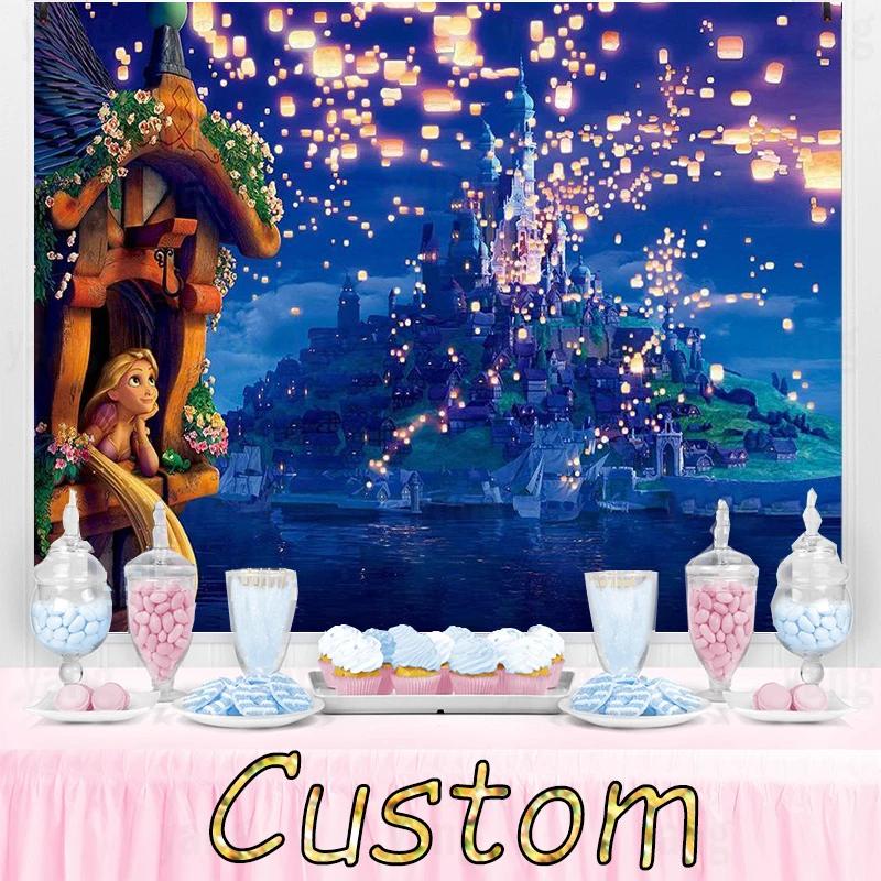 Disney Castle Princess Long Hair Tangled  Rapunzel Cartoon Background Girl Birthday Party Props Decoration Wallpaper Backdrop