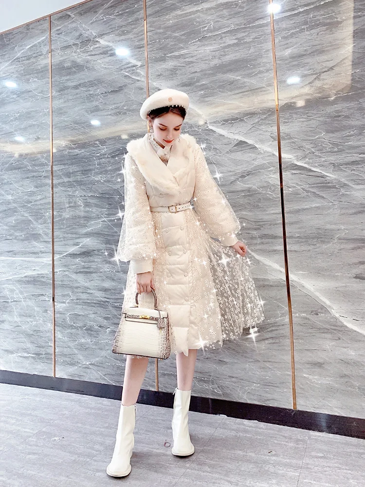 New 2023 Autumn Winter High-End Cotton-Padded Coat Women's Mid-Length Thickened Girl's Lace Jacket Warm Elegant Long Sleeve Coat