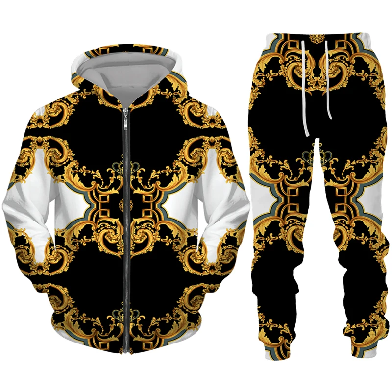 

Men's Court Men/Women Zipper Pattern Set 3D Vintage Suit Golden Hoodie/Tracksuit Baroque Luxury Print Street Clothing Crown Wear
