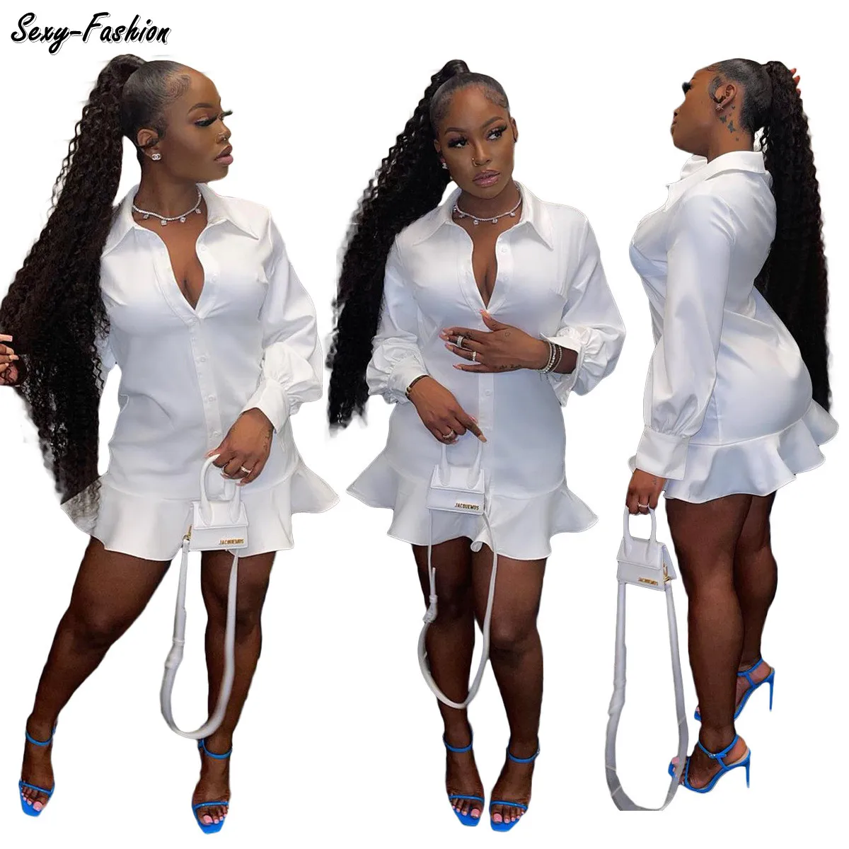 

Somoshein Fall Clothes 2021 Button Sexy Dresses For Women Party Ruffle Edge Mini White Dress High Waist Wholesale Dropshipping