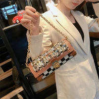 chessboard plaid womens bag new personalized fashion rhinestone pen holder round bag chain houndstooth shoulder messenger bag