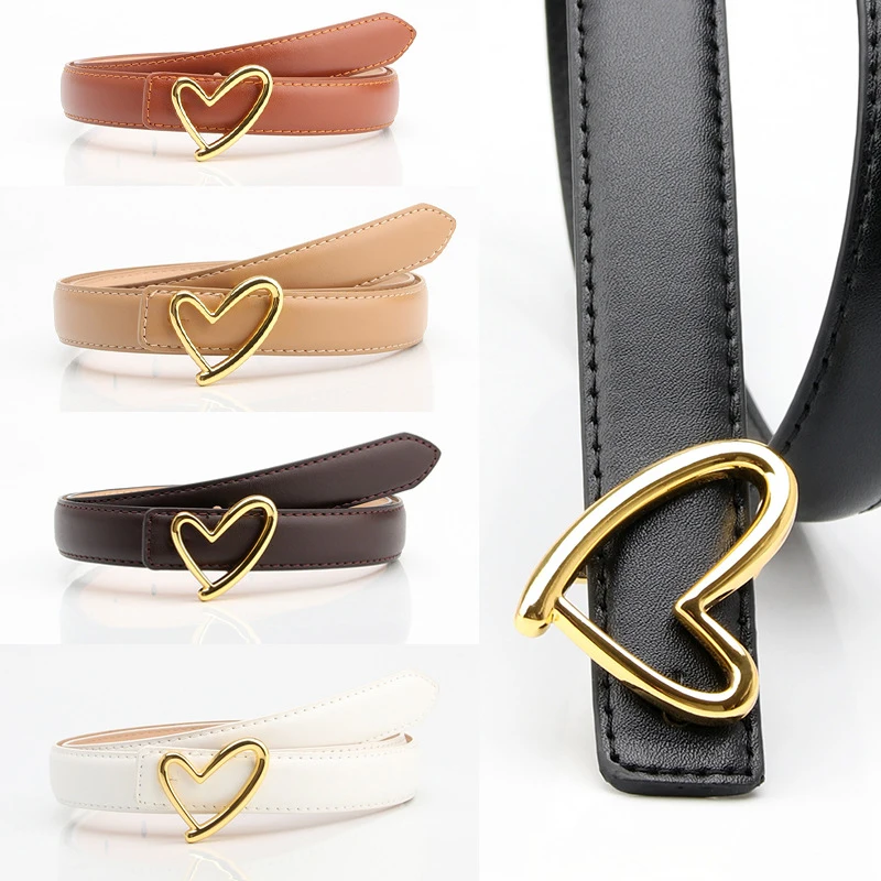 

Female Jeans Dress Waistband Golden Love Oval Buckle Belt Metal Hollow Heart Waist Belt Faux Leather Solid Color Decorative Belt