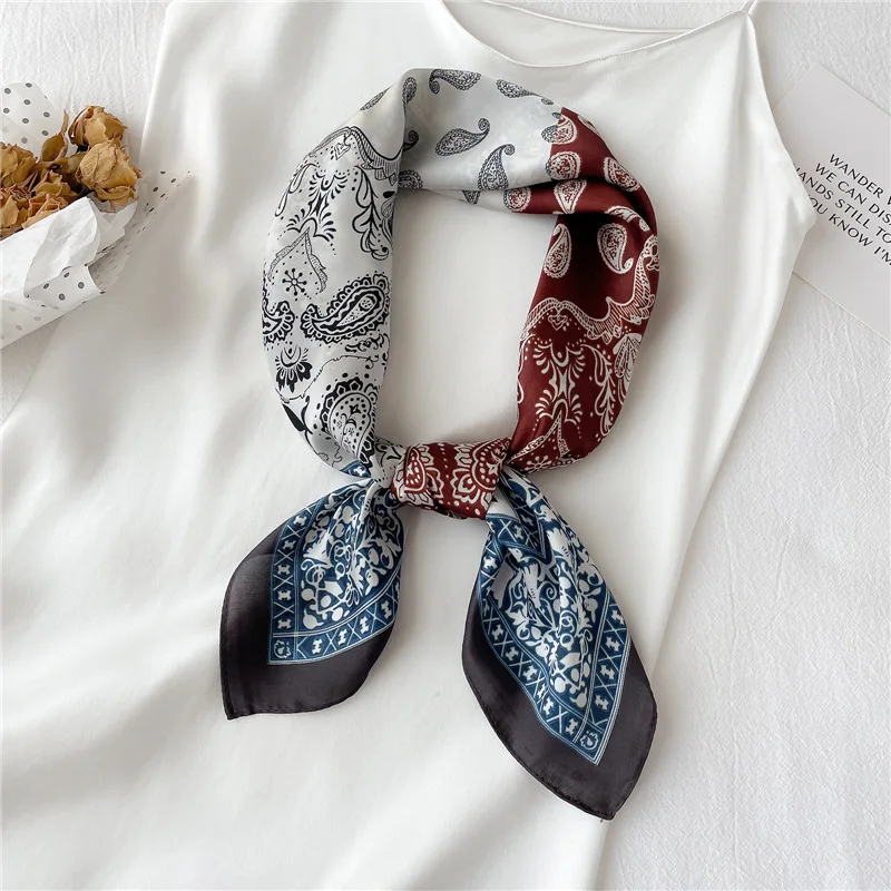

Diagonal color matching cashew nut silk scarf 70cm imitation silk square scarf decorative headband binding hair binding bag