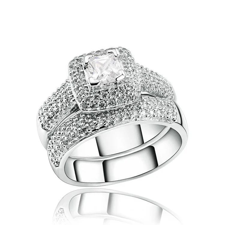 

Square Zircon Cubic Inlaid Silver Color Ring Set For Women Trendy Full Rhinestone Bridal Wedding Engagement Ring Set Jewelry