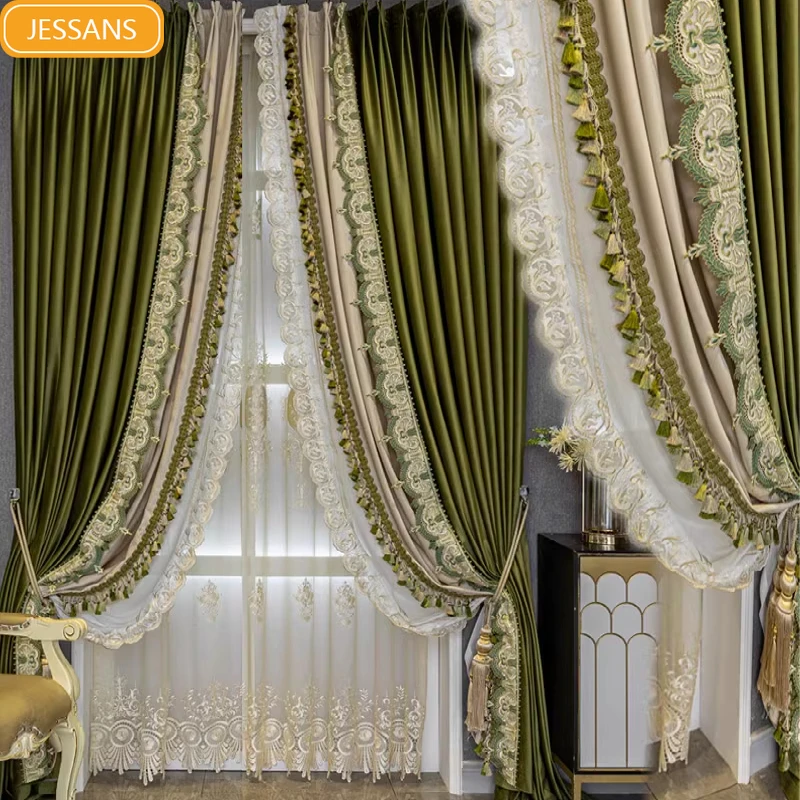 

High Grade French Olive Green Mosaic Velvet Curtains for Bedroom Living Room French Window Custom Window Screen