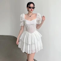 fashion v neck ruffles pleated dress women puff sleeve chic white summer mini dress party hollow out vintage corset ladies