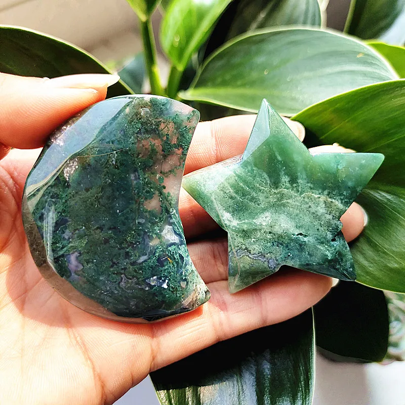

Natural Moss Agate Green Purple Grass Agate The Moon And The Pentacle Of Love Spiritual Meditation Healing Crystal Home Ornament