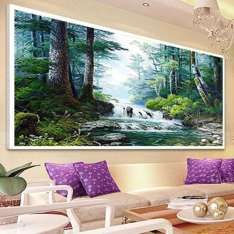 Дешево Пейзаж 5d «сделай сам», настенная алмазная живопись, алмазная вышивка, натуральный лес, текущая вода, алмазная вышивка, гостиная, домашний де...