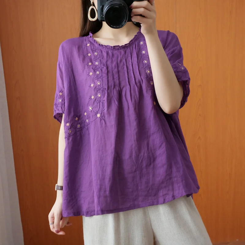 

Vintage Embroidered Blouse Women's Summer Loose Aging Thin Cotton Linen Shirt