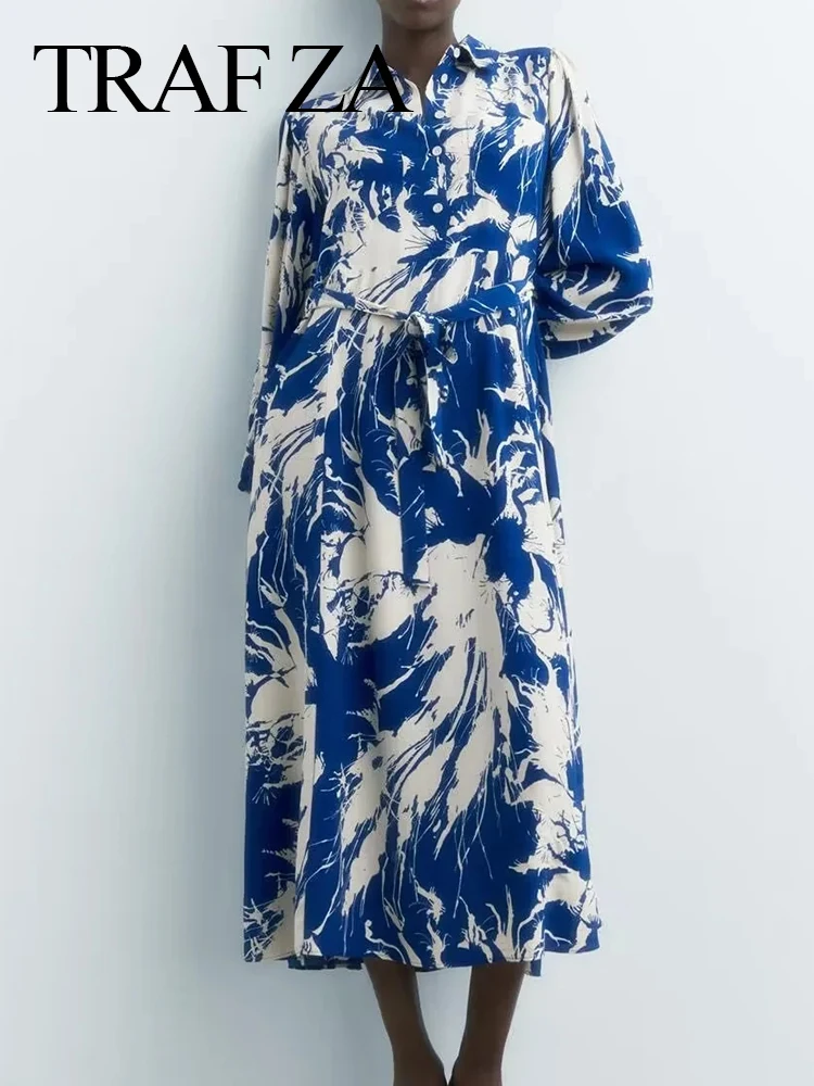 

TRAF ZA Retro Elegant Blue and White Printed Shirt Dress Pullover Button Bubble Long Sleeve Loose Belt Chic Trend Dress Women