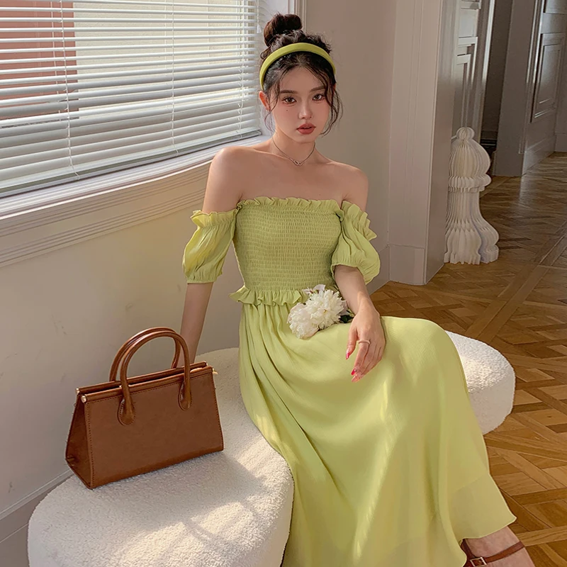 

Will spot the niche Chic pure color sweet summer new French lace shoulder waist dress