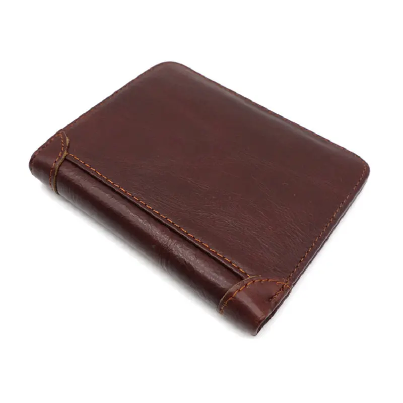 New Oil Wax Leather Short Wallet Brown RFID Vertical Plain Skin Mobile Phone Card Memory Card Bit Money Clip