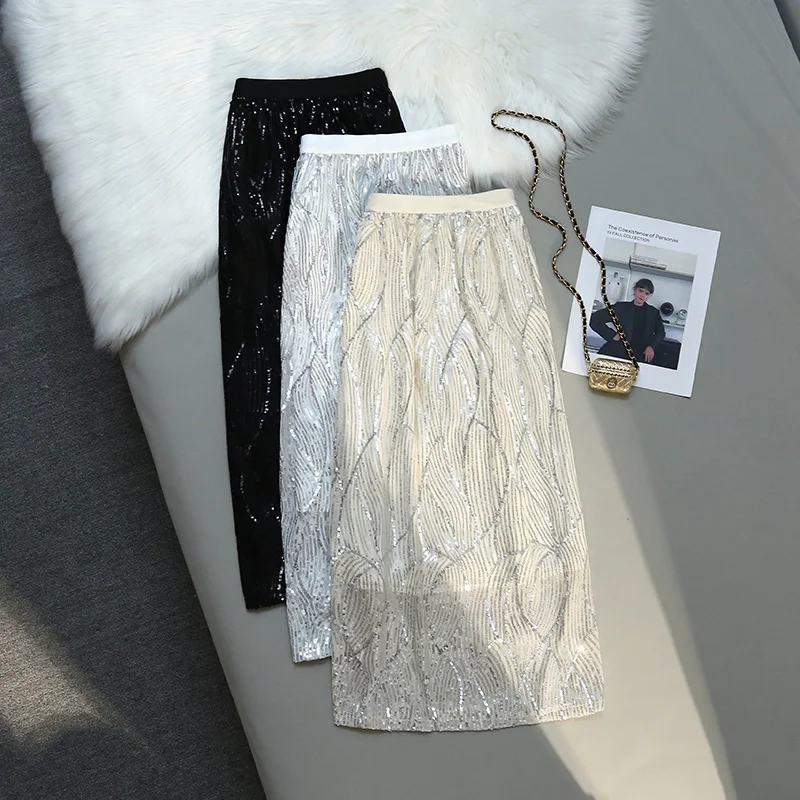 

Женская длинная юбка с блестками, элегантная Однотонная юбка-зонтик трапециевидной формы с высокой талией в Корейском стиле, весна-лето 2023