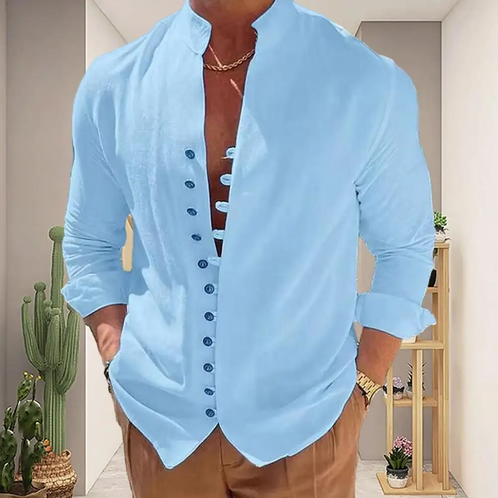 

Men Shirt Stand Collar Long Sleeve Single Breasted Shirt Top Solid Color Buttons Placket Casual Shirt Men's Clothing For Summer