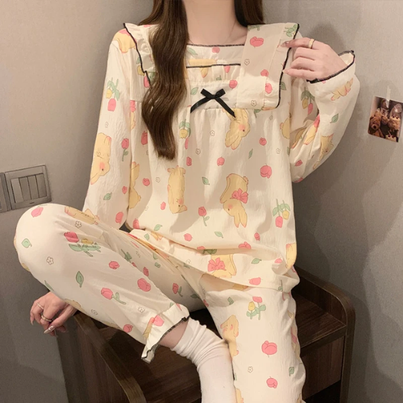 Милая женская пижама одежда для сна с бантом и квадратным вырезом Повседневная