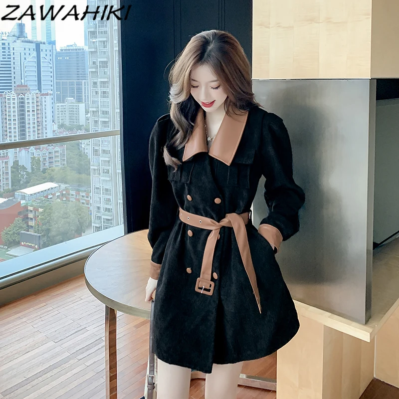 

ZAWAHIKI French Black Stitching PU Leather Long Sleeve Mini Dress Temperament High Waist Dresses Women Turn Down Collar Sashes
