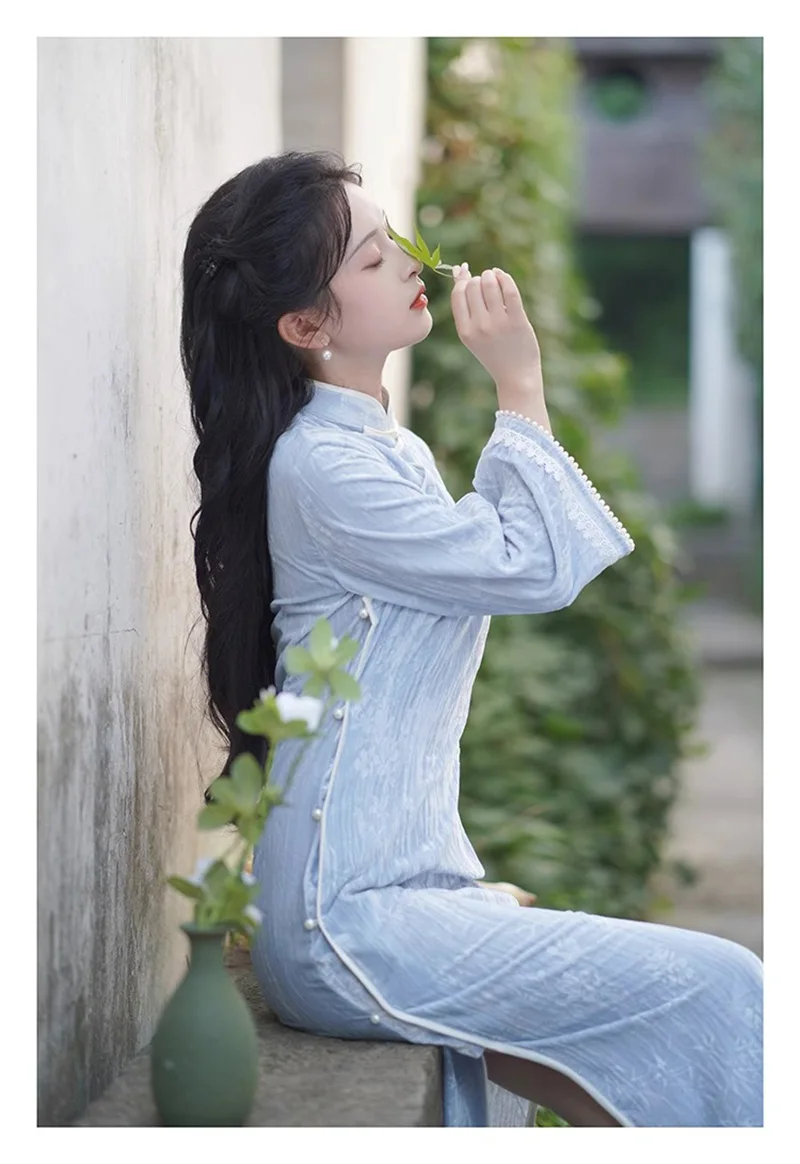 2024 женское новогоднее синее платье Cheongsam в китайском стиле улучшенное винтажное