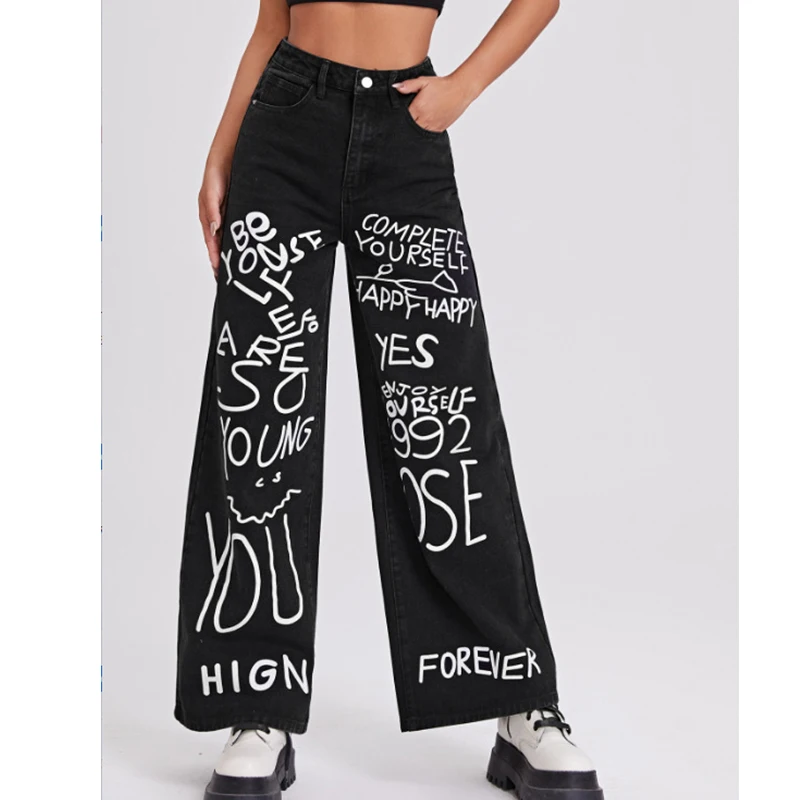 2022 Summer Loose Cotton Jeans for Women Hip Hop Letters Graffiti Wide Leg Jeans Y2K Pants High Waisted Streetwear Casual Ladies
