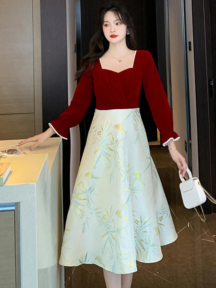 Новое китайское платье с квадратным воротником и принтом A Word женское