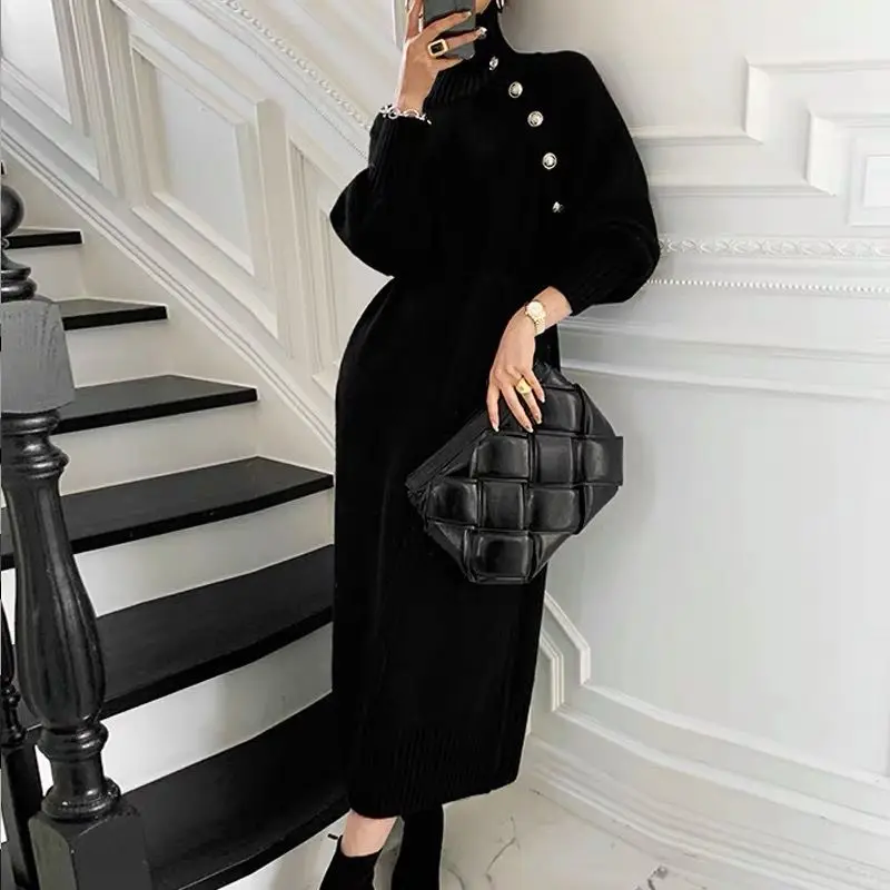 

Black Sweater Dress Elegant Turtleneck Long Sleeve Knitted Dress With Buttons Midi Elastic Women Autumn Winter Dresses 2022 2023